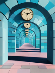 Time and space continuum concept with never ending clocks running across a never ending column of tunnels