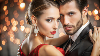 Intimate ballroom dance couple in elegant attire gazing intensely at the camera with festive bokeh lights