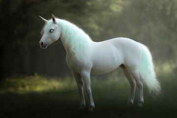 A white unicorn with blue eyes stands in a grassy field. The image has a whimsical and magical feel to it, as the unicorn is a mythical creature often associated with fantasy and wonder