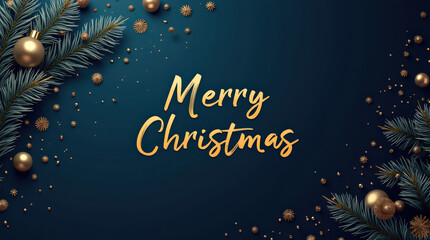 Elegant Merry Christmas Stock Image in Gold and Dark Blue Theme with Festive Decorations, Stars, and Pine Branches
