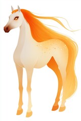 A horse with orange mane and tail stands in front of a white background. The horse has a menacing look on its face, which gives the image a dark and eerie mood