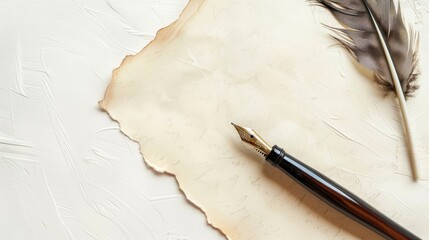 vintage postcard, National handwriting day, blank sheets of papyrus paper, old antique pen, light pastel beige background, top view, copy space, free space for text