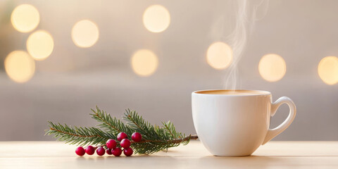 Steaming cup of coffee with pine and berry decoration, creating cozy atmosphere. Perfect for winter and holiday vibes