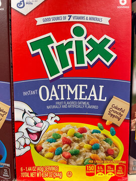 Cereal brands on a retail store shelf Trix Oatmeal