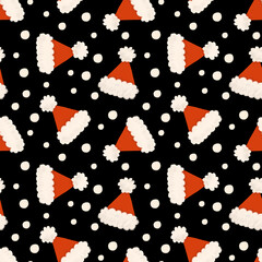 Santas hat seamless pattern. Winter festive repeating background. Christmas endless backdrop. Perfect for wrapping, textiles, packaging, stationary, scrapbooking, arts and crafts projects.