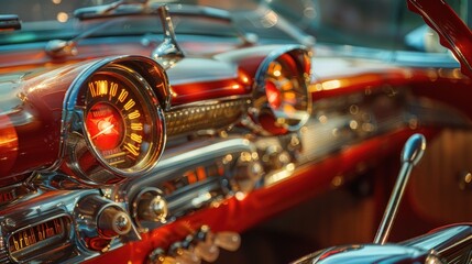 Fototapeta premium Close-up of a classic car's dashboard, showcasing its vintage speedometer and other interior details.