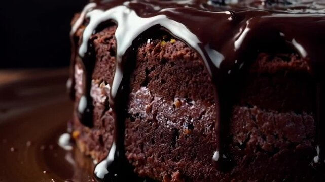 A slice of chocolate cake with chocolate drizzle on top. The cake is cut into two pieces and is placed on a brown plate