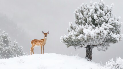 Fototapeta premium A young deer stands on a snowy hillside, with a snow-covered tree in the background, in the midst of a winter fog.