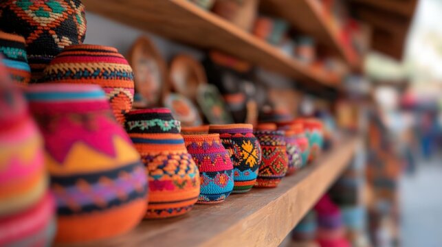 colorful handcrafted pottery displayed on shelves