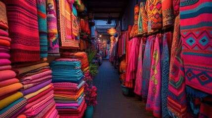 vibrant textile market showcasing colorful fabrics and traditional patterns