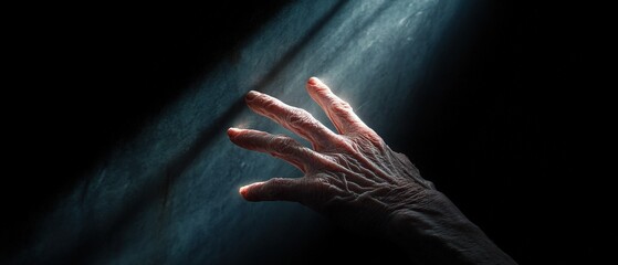 an elderly hand reaching towards a beam of light, symbolizing hope and resilience