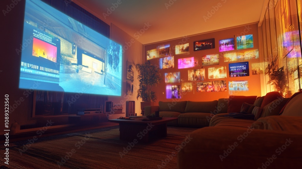 Poster a warm and inviting living room features a large projector casting colorful images onto a wall. the 