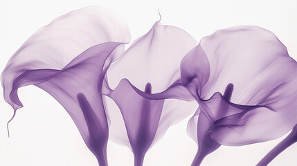 X-ray photography of calla lilies, light purple and white, ethereal and dreamy, with soft edges and blurred details, neutral tones, and a monochromatic palette.
