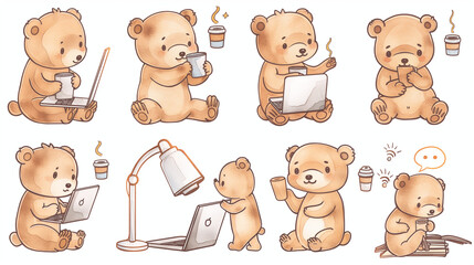 Cute stickers depicting bears with different poses and facial expressions, for example, playing...