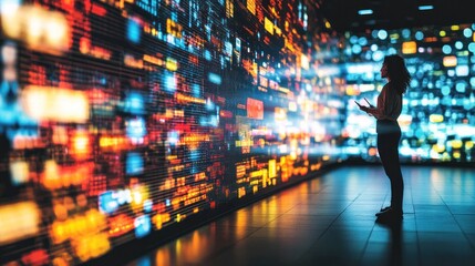Obraz premium A person interacting with a vibrant digital display of data and visuals.