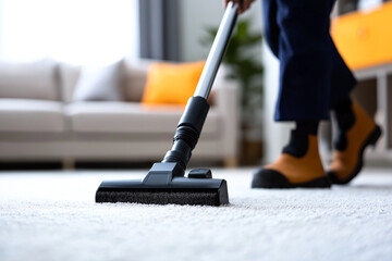 person vacuuming carpet in modern living room with sofa and bright decor. focus is on vacuum cleaner head, highlighting cleanliness and home care