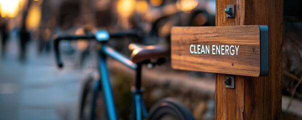 A bicycle is parked beside a wooden sign displaying "CLEAN ENERGY," highlighting sustainable transportation in an urban environment.