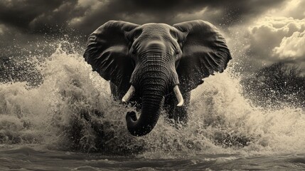 Fototapeta premium A dramatic black-and-white image of an elephant splashing through turbulent water.