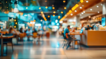 Blurred view of a bustling food court with people dining and walking.