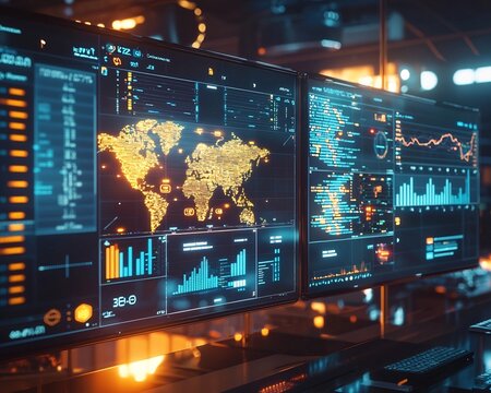 Futuristic Digital Control Room Dashboard Optimizing Global Logistics and Supply Chain
