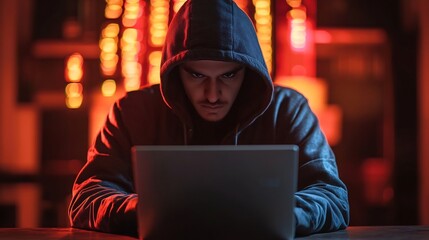 Obraz premium Dramatic documentary style image of a cybercrime scene with a hooded hacker using a laptop in a dark and moody digital environment with dramatic lighting and shadowy ominous atmosphere