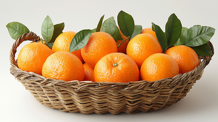 tangerines with leaves in a beautiful basket isolated on white