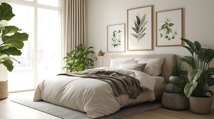 Fototapeta premium Elegant and Cozy Modern Bedroom Interior Design with Stylish Decor, mockup, poster and Background