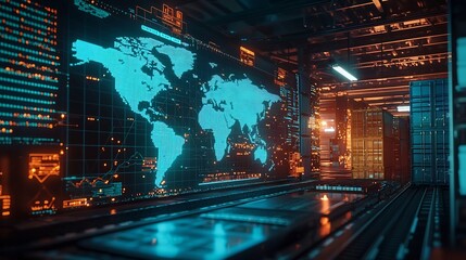Futuristic Logistics Control Center with Glowing Maps and Digital Screens Tracking Global Shipments