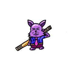 cute cartoon illustration of purple rabbit carrying big stick 