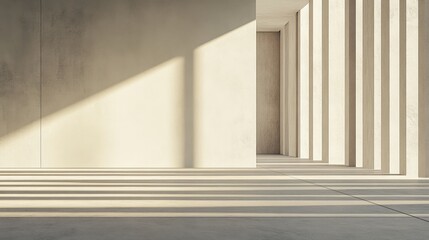 Fototapeta premium Modern, minimalist interior with a concrete wall and floor, with sunlight casting long shadows through vertical slats