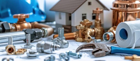 Plumbing Supplies and Tools Spread on a Blueprint