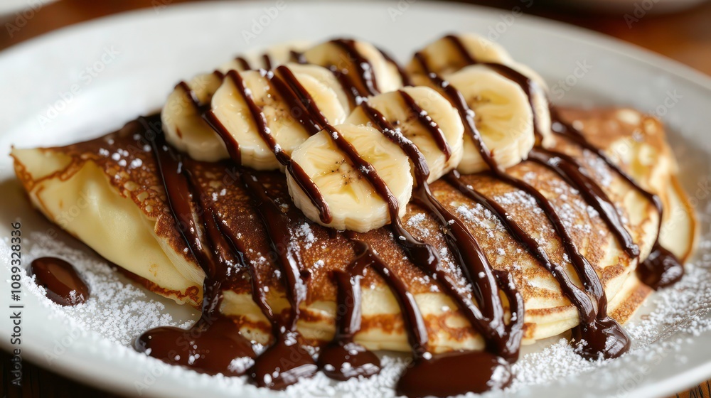 Poster A single pancake topped with banana slices and drizzled with chocolate sauce and powdered sugar.
