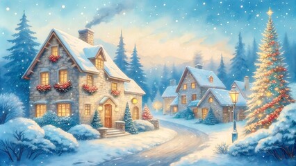 Fototapeta premium Christmas theme illustration village town street house in snowing winter landscape background wallpaper 