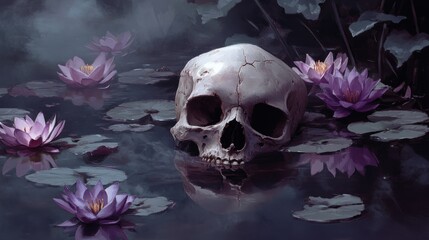 Eerie Stillness: A Skull's Rest in a Mystical Lily Pond
