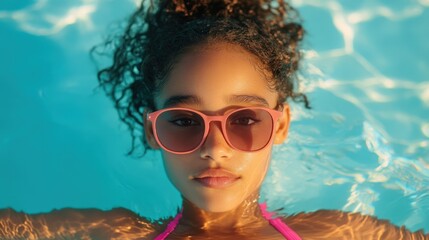 young girl relaxing in a pool wearing stylish sunglasses
