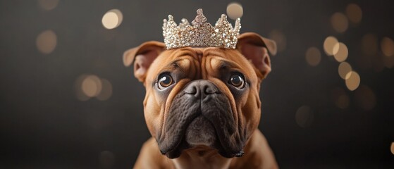 adorable dog wearing a crown with a blurred festive background