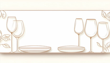 Elegant line art of wine glasses and plates on a shelf with leaves.