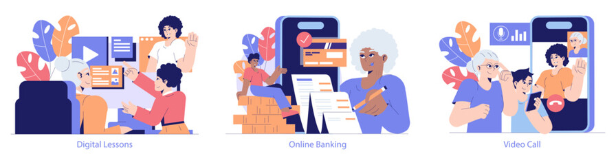 Tech Help Across Generations. Flat Vector Illustration