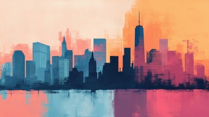 Fototapeta premium Urban skyline sunset new york city abstract art vibrant colors wide angle america great again concept