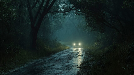Obraz premium Rainy Forest Road with Car Headlights reflecting off the road 