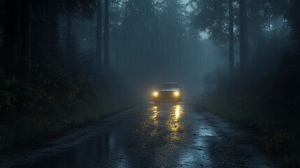 Rainy Forest Road with Car Headlights reflecting off the road 