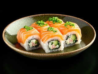 fresh sushi rolls with salmon and vegetables on a plate