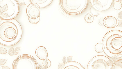 Elegant White Plates, Glasses & Leaves.  A sophisticated flatlay featuring  white tableware and delicate leaf illustrations, perfect for a wedding, party, or restaurant menu.