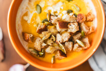 autumn recipe preparation process of butternut squash pumpkin soup for Thanksgiving
