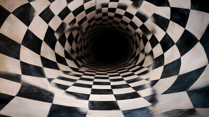 Image of a black and white checkered vortex creating a dizzying optical illusion with a tunnel-like effect. Intriguing Optical Illusions. Illustration