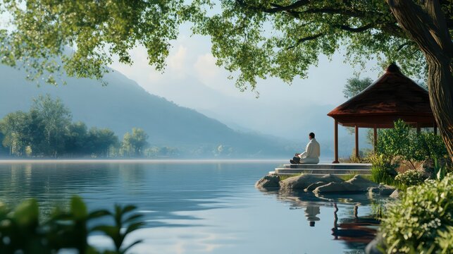 A man sits in meditation by a tranquil lake, surrounded by lush greenery and mountains in the distance.