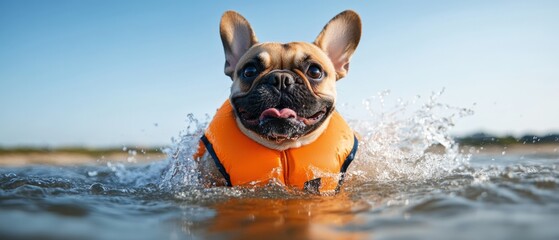 playful dog swimming in water wearing a life jacket