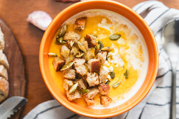 autumn recipe preparation process of butternut squash pumpkin soup for Thanksgiving