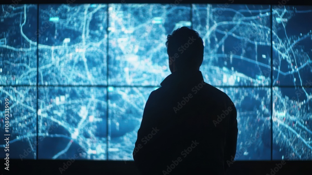 Poster a silhouette observes a digital map displaying interconnected data points.