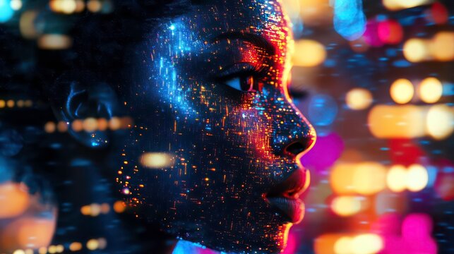 Hologram of the black woman face composed of vibrant digital pixels against the glowing digital data streams